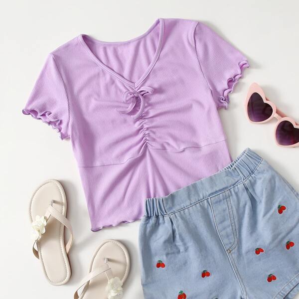 

Teen Girls Ruched Lettuce Trim Tee, Lilac purple