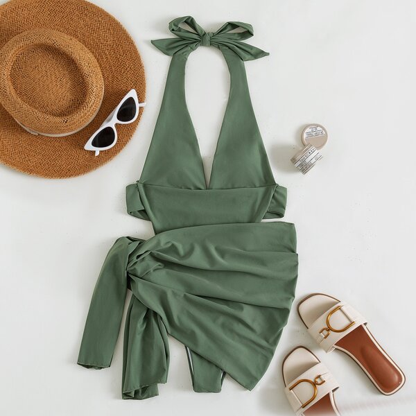 

2pack Halter High Leg One Piece Swimsuit & Beach Skirt, Army green