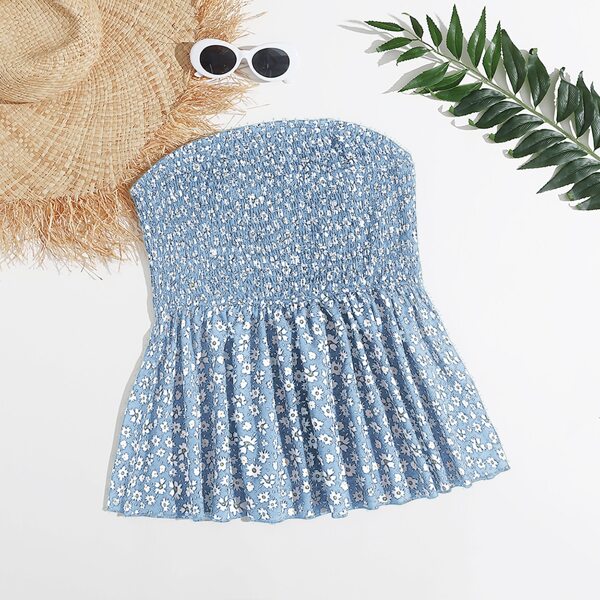 

Plus Ditsy Floral Shirred Tube Top, Dusty blue