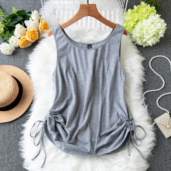 

Plus Solid Knot Side Tank Top, Grey