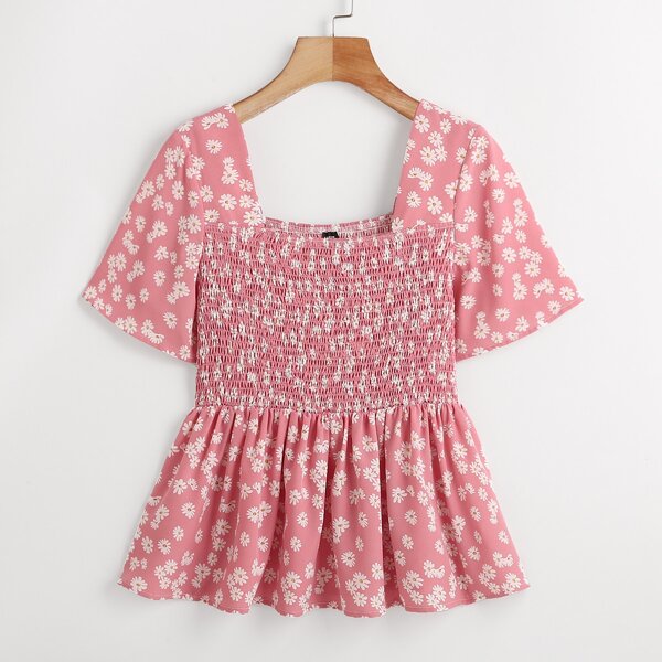 

Plus Allover Floral Square Neck Shirred Peplum Blouse, Pink