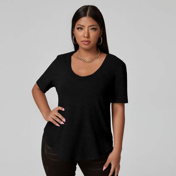

Plus Solid Scoop Neck Tee, Black