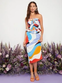 SHEIN Unity Allover Print Shirred Twist Front Tube Top - Multicolor - View 5