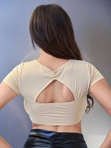 SHEIN Cut Out Asymmetrical Hem Crop Tee - Apricot - View 2