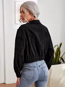 SHEIN EZwear Áo khoác Nút phía trước màu trơn Giải trí - màu đen - Xem 2