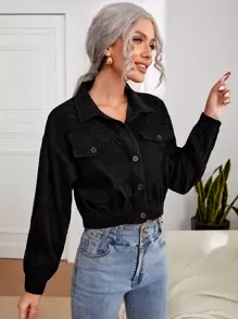 SHEIN EZwear Áo khoác Nút phía trước màu trơn Giải trí - màu đen - Xem 3