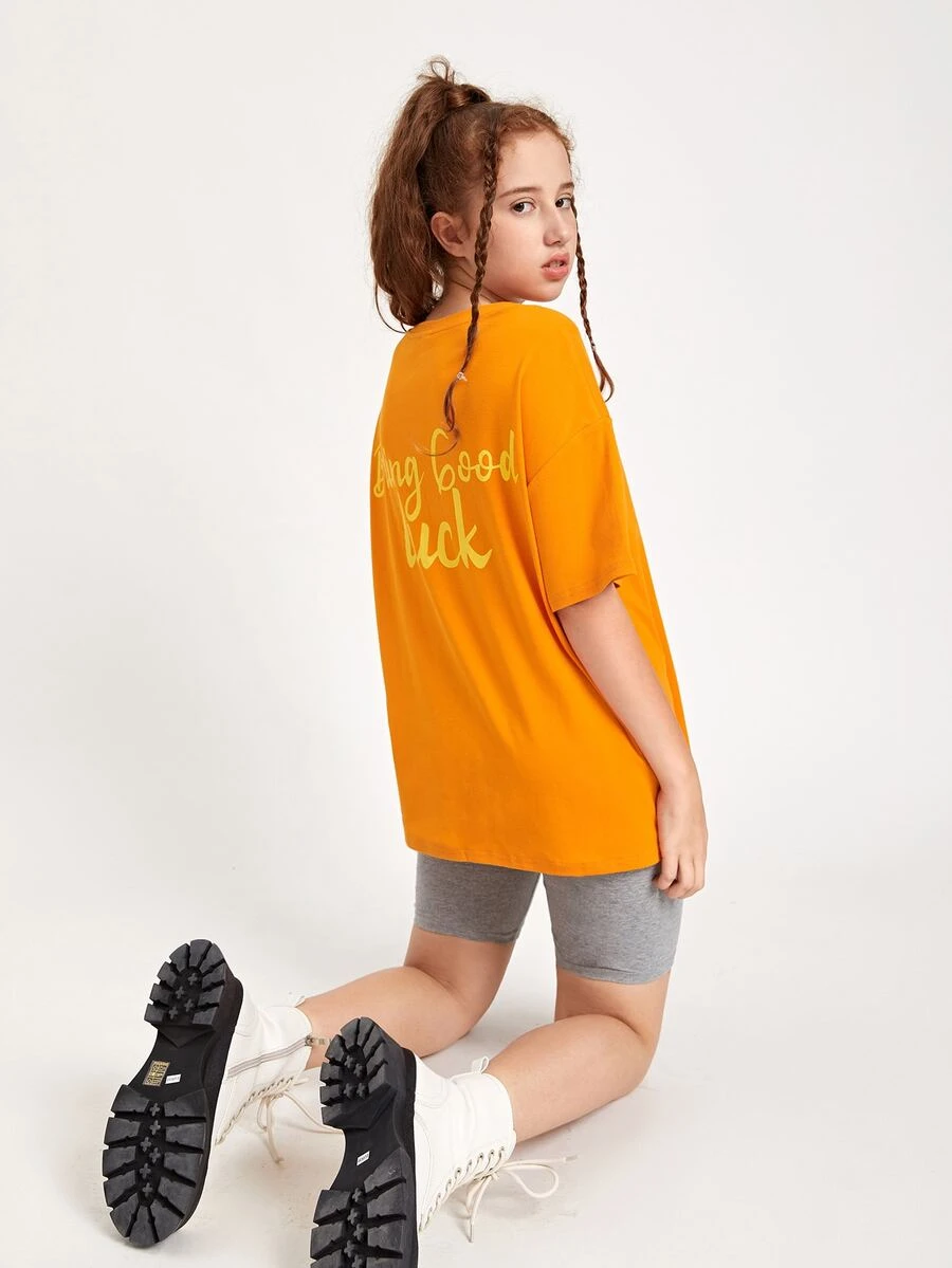 SHEIN Teen Girls Slogan Graphic Oversized Tee - Orange - View 1
