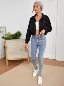 SHEIN EZwear Áo khoác Nút phía trước màu trơn Giải trí - màu đen - Xem 4