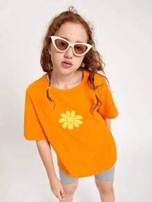 SHEIN Teen Girls Slogan Graphic Oversized Tee - Orange - View 2