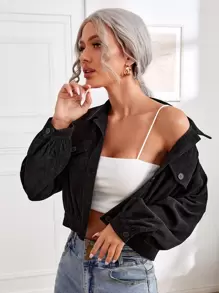 SHEIN EZwear Áo khoác Nút phía trước màu trơn Giải trí - màu đen - Xem 5