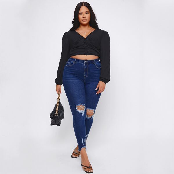 

Plus High Waist Ripped Skinny Jeans, Dark wash