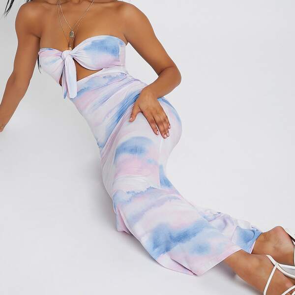 

Cloud Tie-Dye Wash Self-Tie Midi Dress, Multicolor