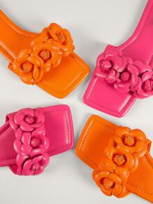 1 par chanclas de punta cuadrada con diseño de flor