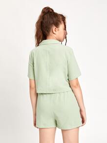 SHEIN Teen Girls Button Through Blouse & Shorts Set - Mint Green - View 2