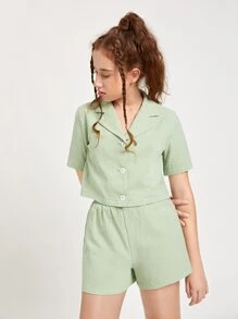 SHEIN Teen Girls Button Through Blouse & Shorts Set - Mint Green - View 4