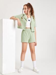 SHEIN Teen Girls Button Through Blouse & Shorts Set - Mint Green - View 5