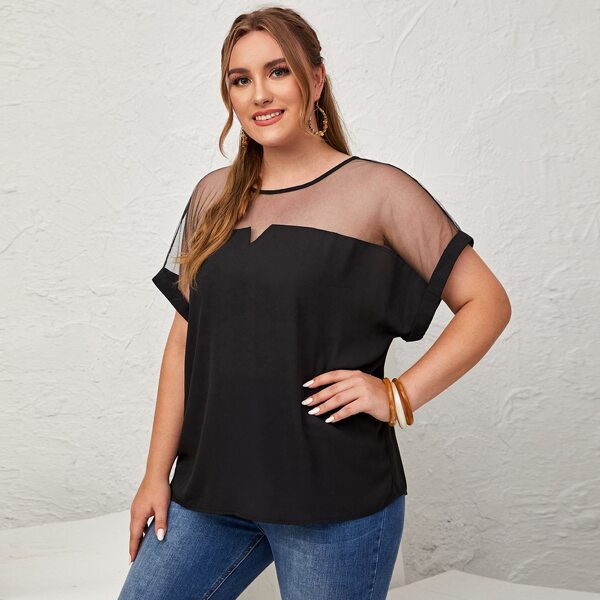 

Plus Sheer Mesh Insert Batwing Sleeve Top, Black