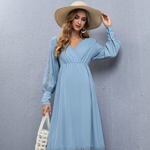

Maternity Eyelet Embroidery Ruffle Hem Dress, Dusty blue