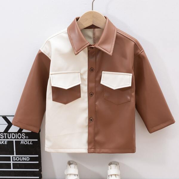 

Toddler Boys Two Tone PU Leather Coat, Multicolor