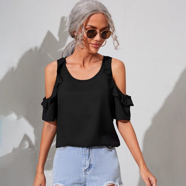 

Ruffle Trim Cold Shoulder Blouse, Black