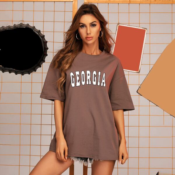 

Drop Shoulder Letter Graphic Longline Tee, Mocha brown