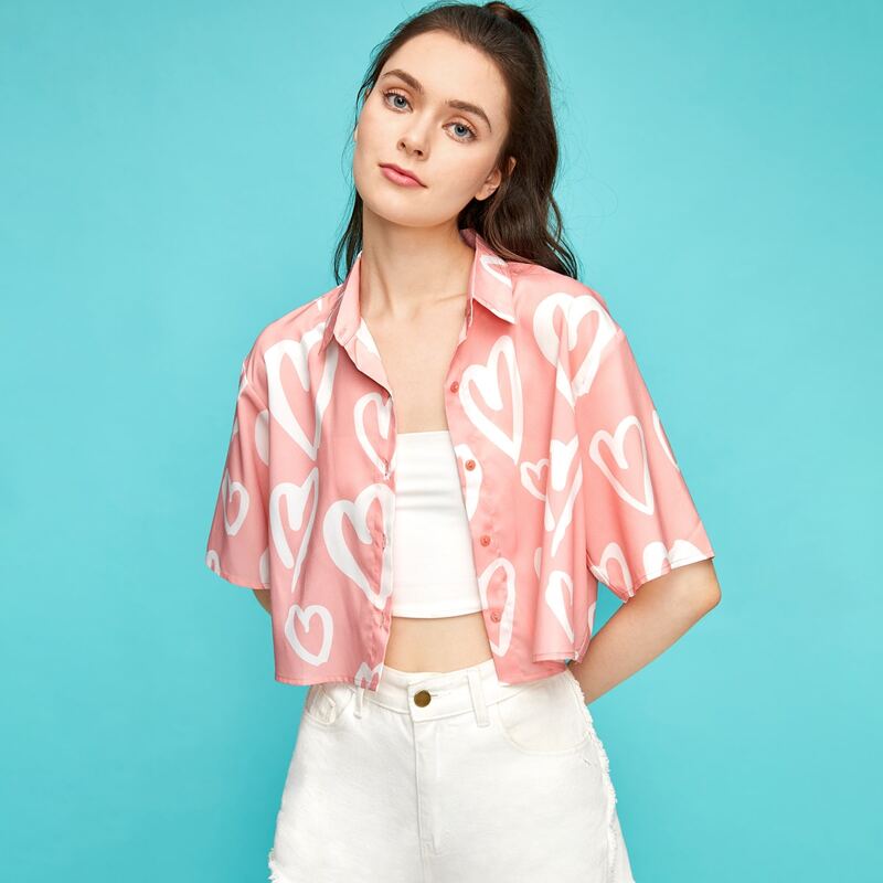 

Heart Print Button Front Blouse, Multicolor
