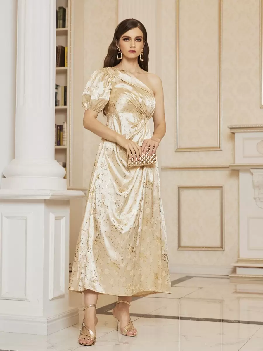 Modelyn One Shoulder Puff Sleeve Rhinestone Buckle Detail Jacquard Dress - Champagne - View 1