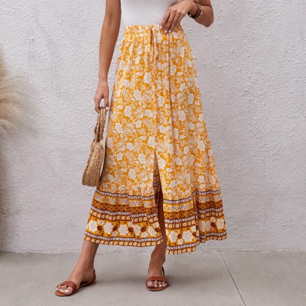 

Floral Print Knot Waist Slit Skirt, Yellow