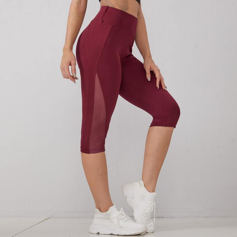 

Contrast Mesh Capris Sports Leggings, Burgundy