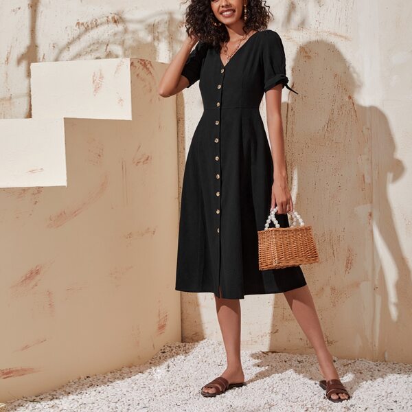 

Button Front Knot Cuff A-line Dress, Black