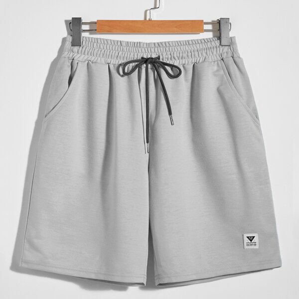 

Men Patched Drawstring Waist Shorts, Grey