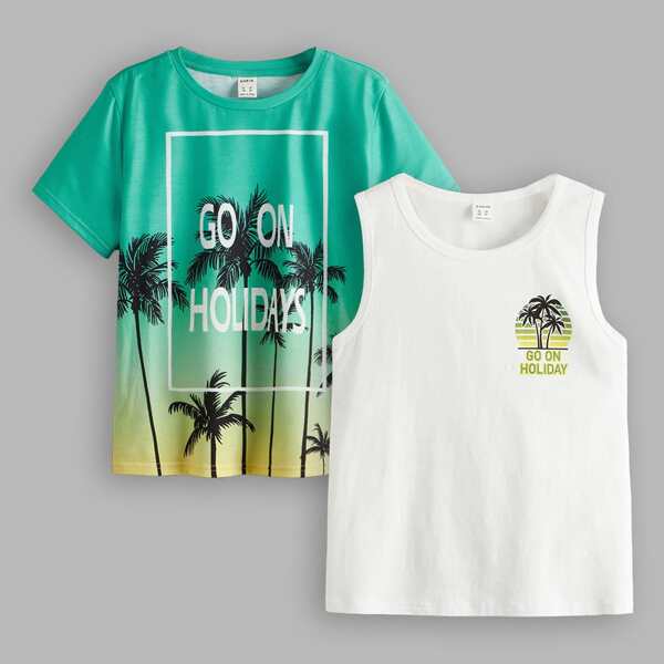 

Boys Tropical and Letter Print Tee With Tank Top, Multicolor