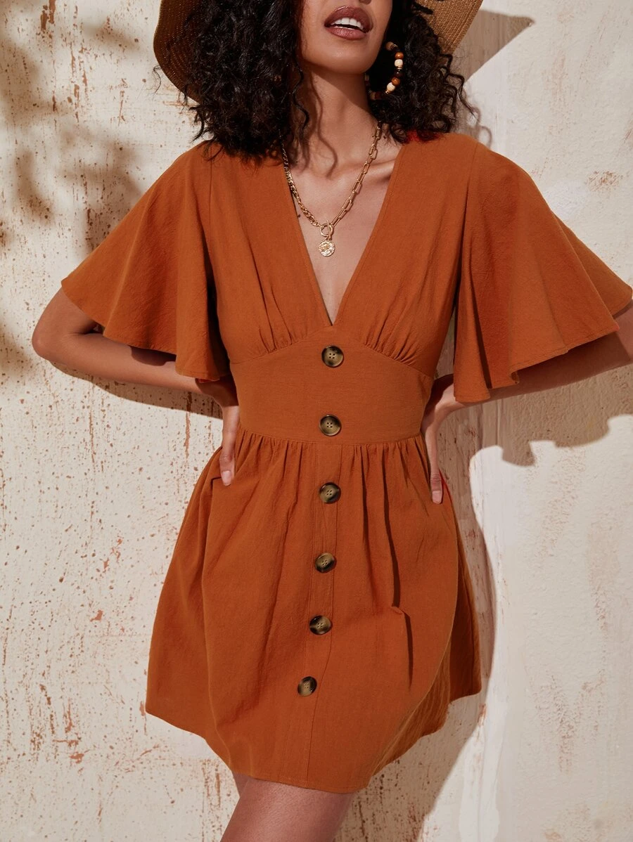 Solid Plunge Neck A-line Dress - Rust Brown - View 1