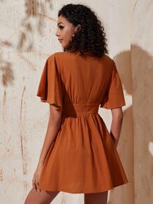 Solid Plunge Neck A-line Dress - Rust Brown - View 2