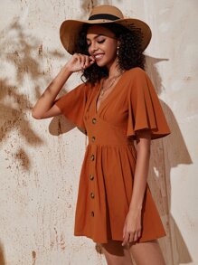 Solid Plunge Neck A-line Dress - Rust Brown - View 3