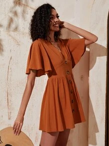Solid Plunge Neck A-line Dress - Rust Brown - View 4
