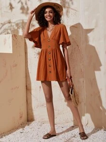 Solid Plunge Neck A-line Dress - Rust Brown - View 5