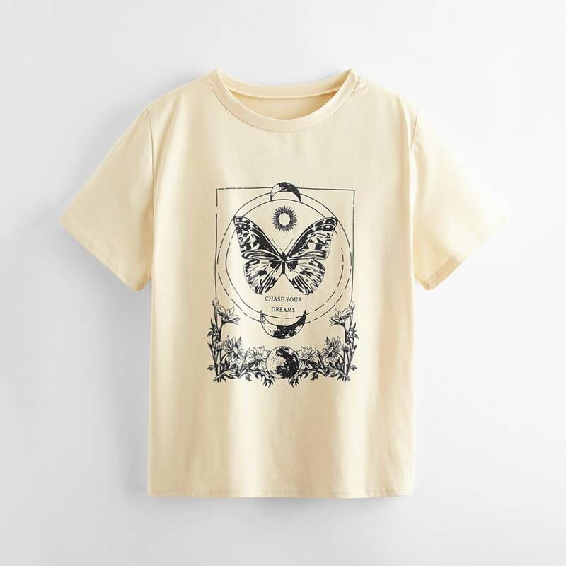 

Sun & Moon & Butterfly Graphic Tee, Khaki