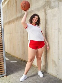 SHEIN Conjunto top ringer con letra con shorts deportivos - Rojo y blanco - Ver 4