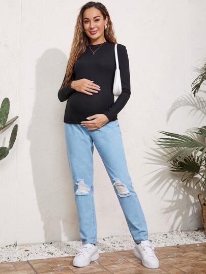 SHEIN 孕婦輕度水洗藍破洞細節牛仔褲