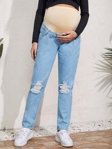 SHEIN 孕婦輕度水洗藍破洞細節牛仔褲 - 淺色水洗藍 - 查看 4