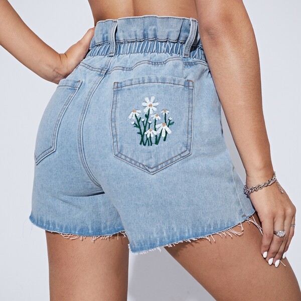 

Light Wash Paperbag Waist Floral Embroidered Denim Shorts