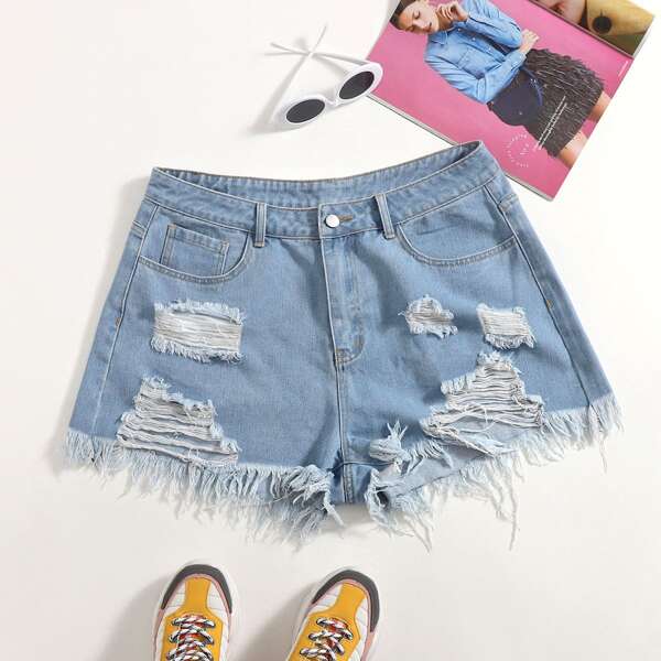 

Plus Ripped Raw Hem Denim Shorts, Light wash