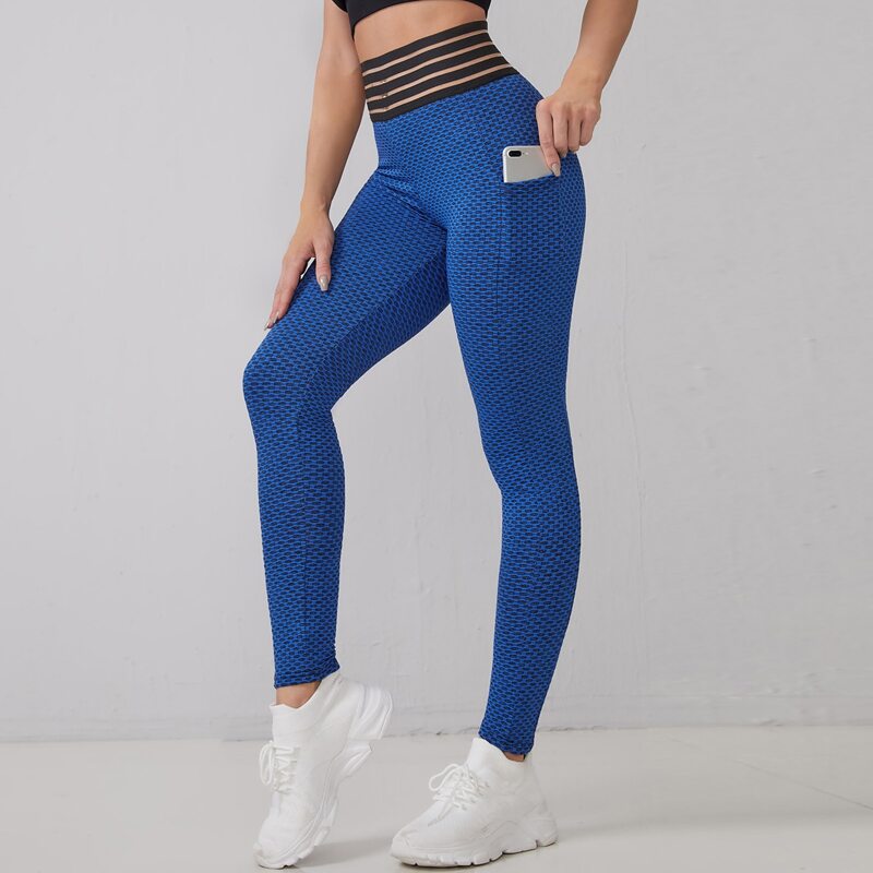 Honeycomb Textured Breathable Sports Leggings, Blue
