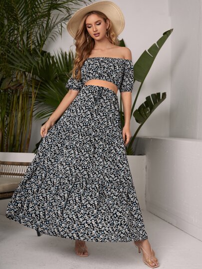 SHEIN Maternity off Shoulder Ditsy Floral Top and Skirt Set