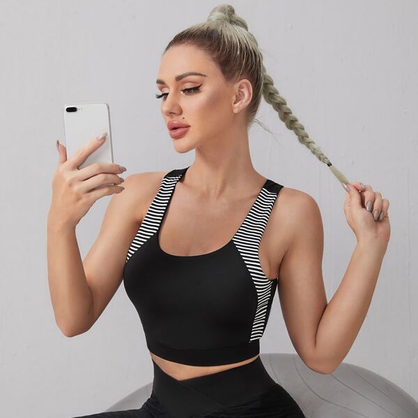

High Support Absorbs Sweat Striped Sports Bra, Black