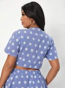 SHEIN Plus Tie Front Daisy Floral & Gingham Top - Blue and White - View 2