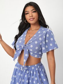SHEIN Plus Tie Front Daisy Floral & Gingham Top - Blue and White - View 5