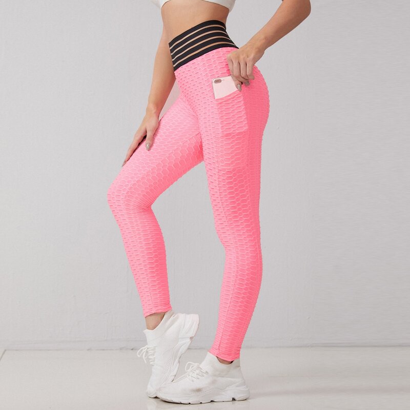 

Striped Waist Honeycomb Textured Sports Leggings With Phone Pocket, Pink