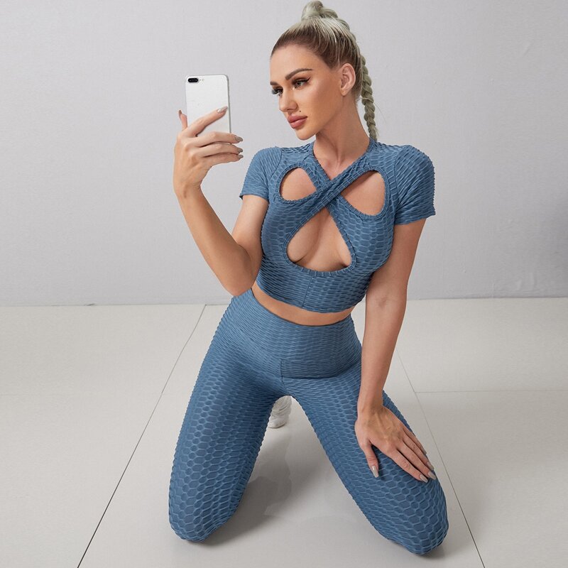 

Textured Crisscross Sports Tee & Leggings Set, Blue